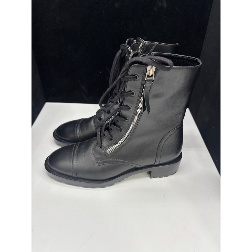 New Stuart Weitzman Sondra Combat Boots Womens 7B Black Leather Lace Up Side Zip
